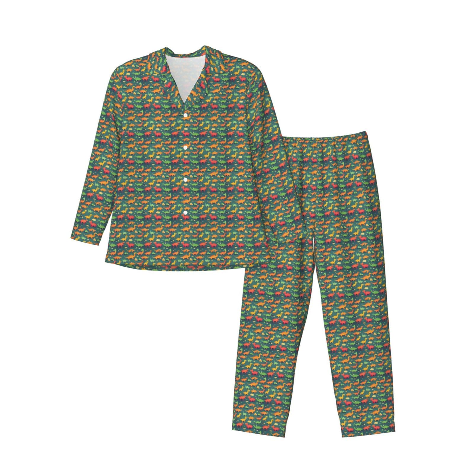 Langärmeliges Pyjama-Set für Herren, Motiv: viele kleine Dinosaurier, zweiteilig, bequeme Nachtwäsche