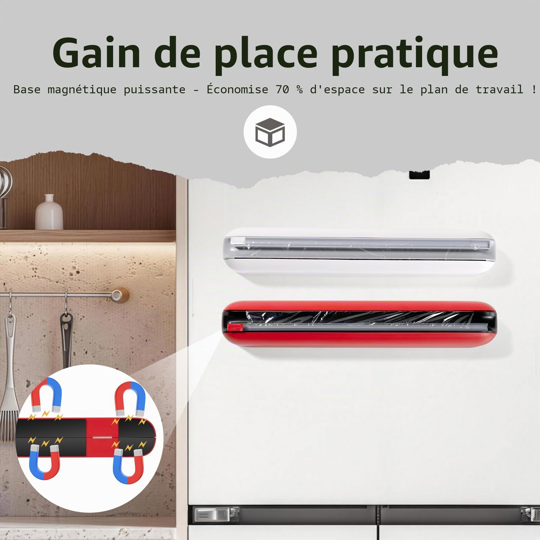 Derouleur Film Alimentaire avec Coupeur - Montage Magnétique Sans Percage, Distributeur Papier Aluminium et Film - Coupe Nette, Organisateur de Cuisine Compact pour Rouleaux 31 cm, Rouge
