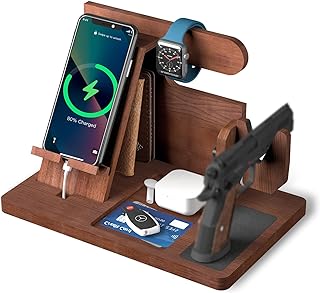 Wood Gun Holder Mens Gift Phone Wallet Docking Station Military Watch Night Stand Key Holder Side Table Charging Station Portable small item storage station - DUXCIYHTA