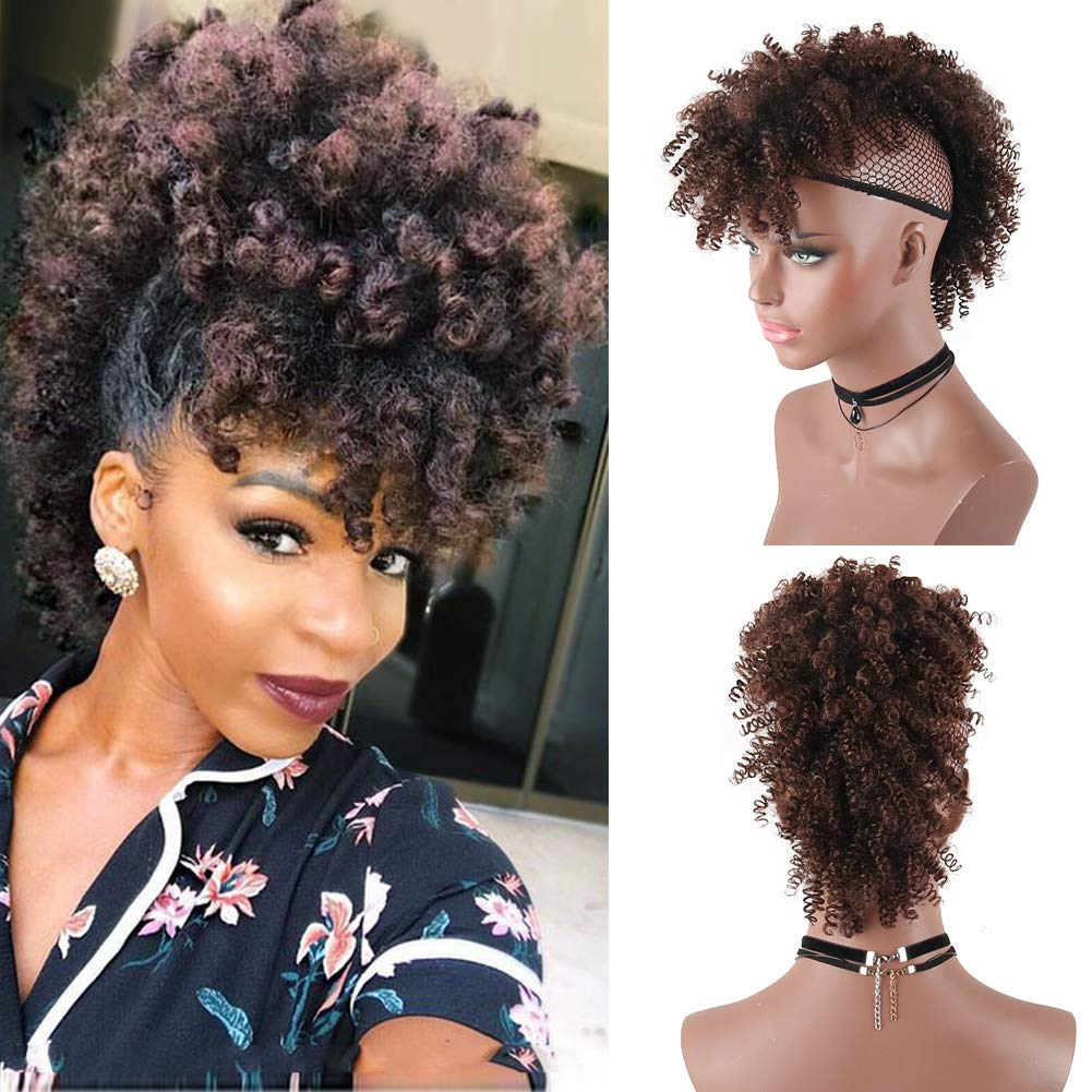 Aisaide High Puff Afro Ponytail Drawstring Short Curly Ponytail Extension,Mohawk Kinky Synthetic Hair Bun with Bangs,Wrap Updo Clip in Hair Extensions with Six Clips and Two Comb(T1B/33#)
