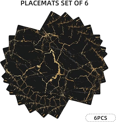Miniatura 8 de Fiokroo Juego de 6 manteles individuales con textura de mármol negro y dorado, manteles individuales antideslizantes resistentes al calor, lavables