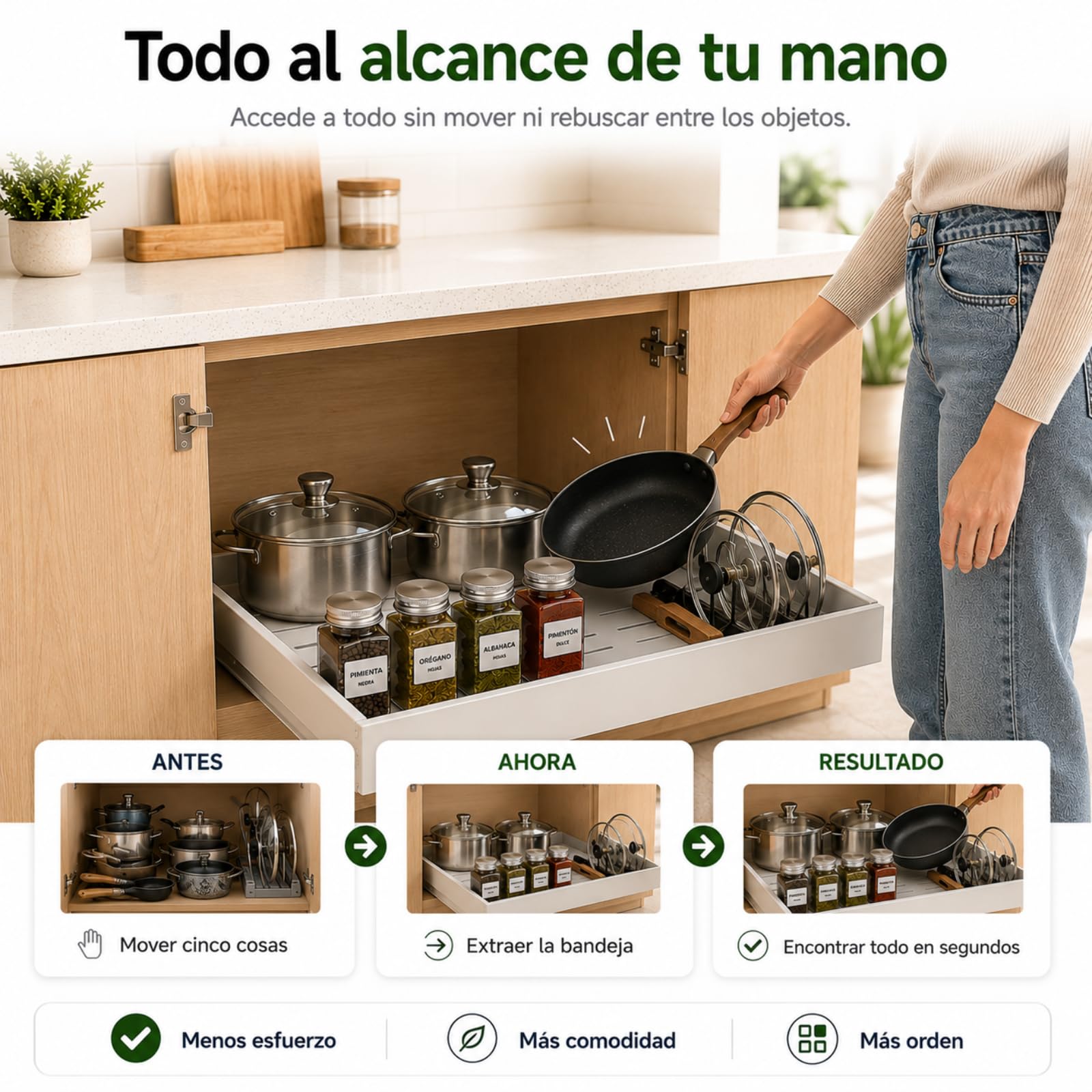 Cajones Extraibles para Cocina - Bandeja Extraíble Armario Cocina - Organizador Armario de Ancho Ajustable (32-52 cm) Para Almacenaje y Organizador en Hogar - Sin Taladrar (Blanco 52)