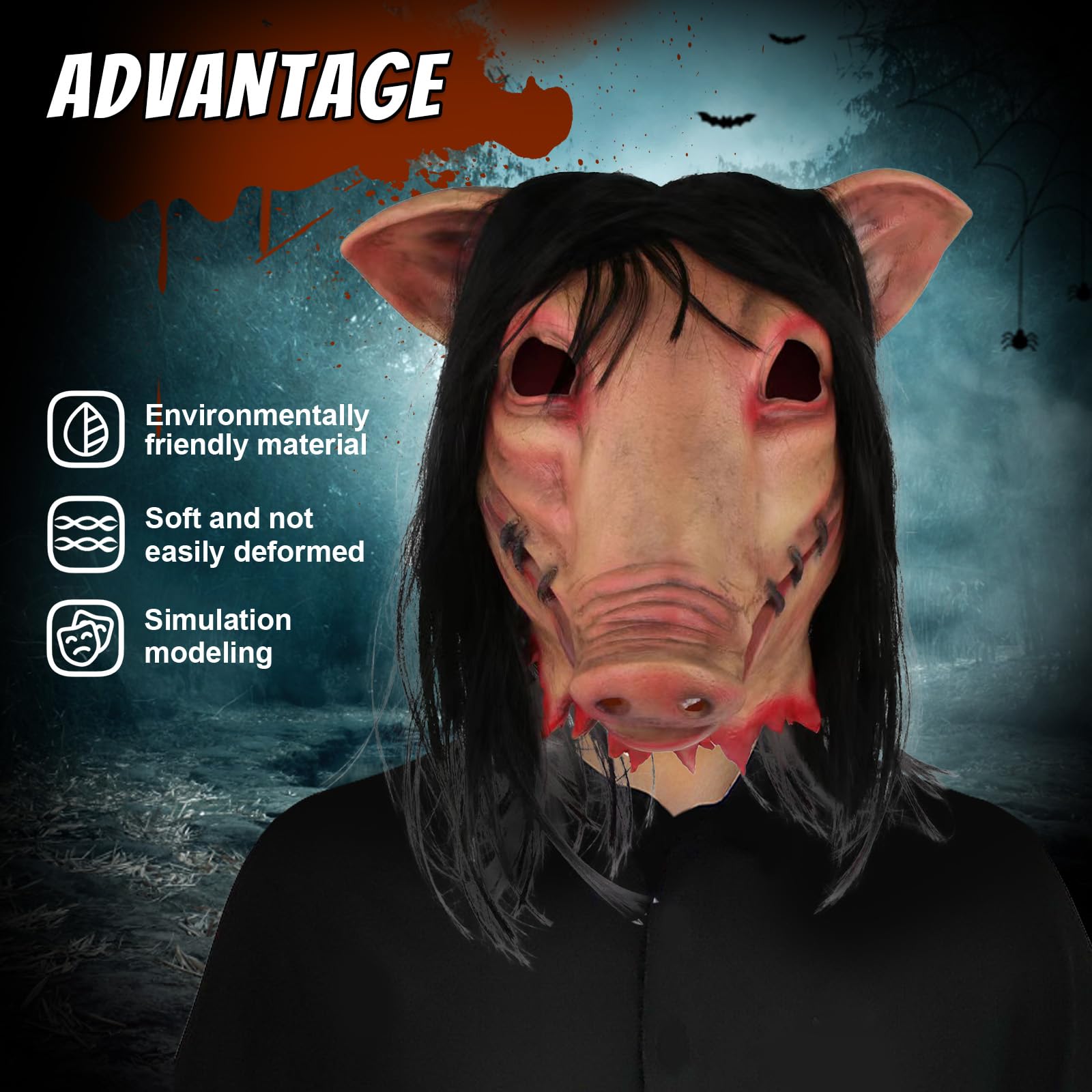 AENEY Scary Puppet Halloween Mask Horror Full Head with Hair, Creepy Party Cosplay Costume Props (Pig-1), Saw Pig-1, 2 x 5 x 5 pulgadas - Image 4