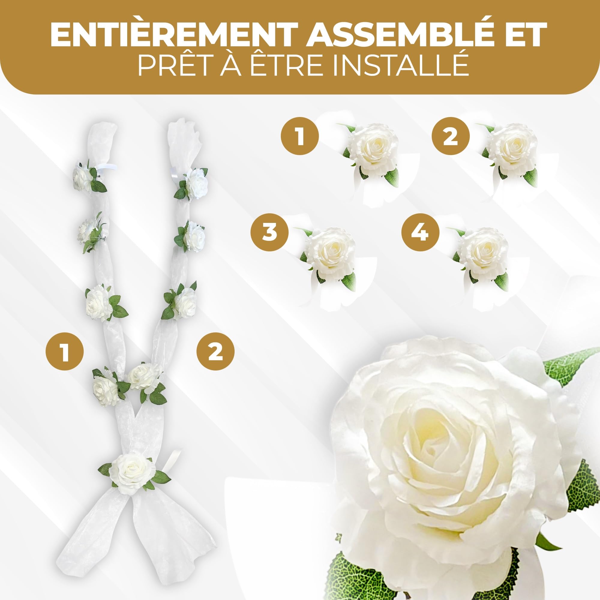 Nueva Vida décoration Voiture de Mariage - Fleurs en Soie pour Votre Voiture Nuptiale - 2 guirlandes décoratives de 180 cm pour Le Capot, INCL. 4 nœuds de Porte