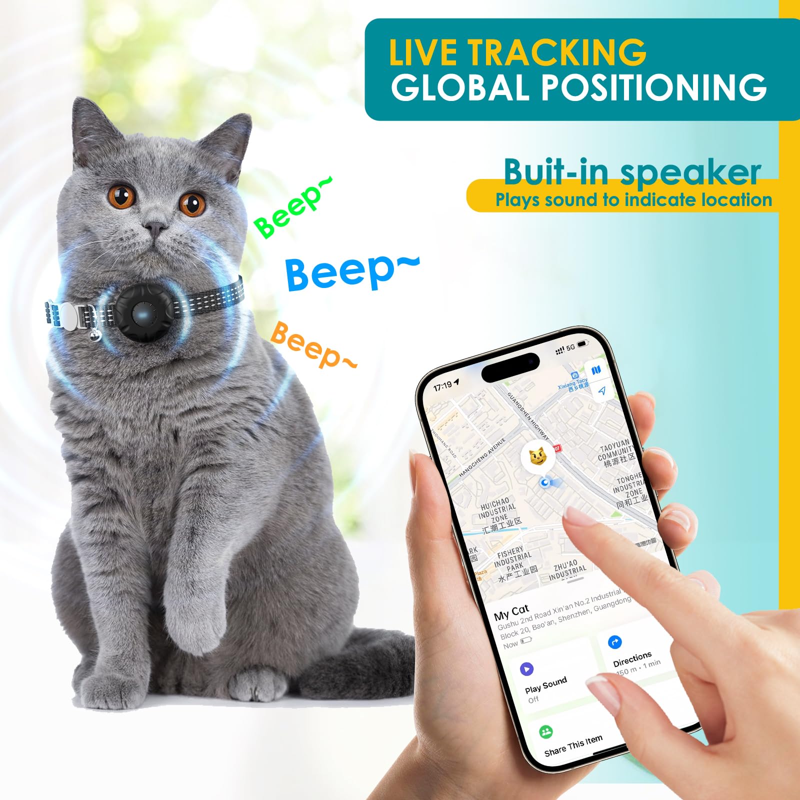 Rastreador de gatos, impermeable, compatible con Apple Find My App (solo iOS), sin tarifa mensual