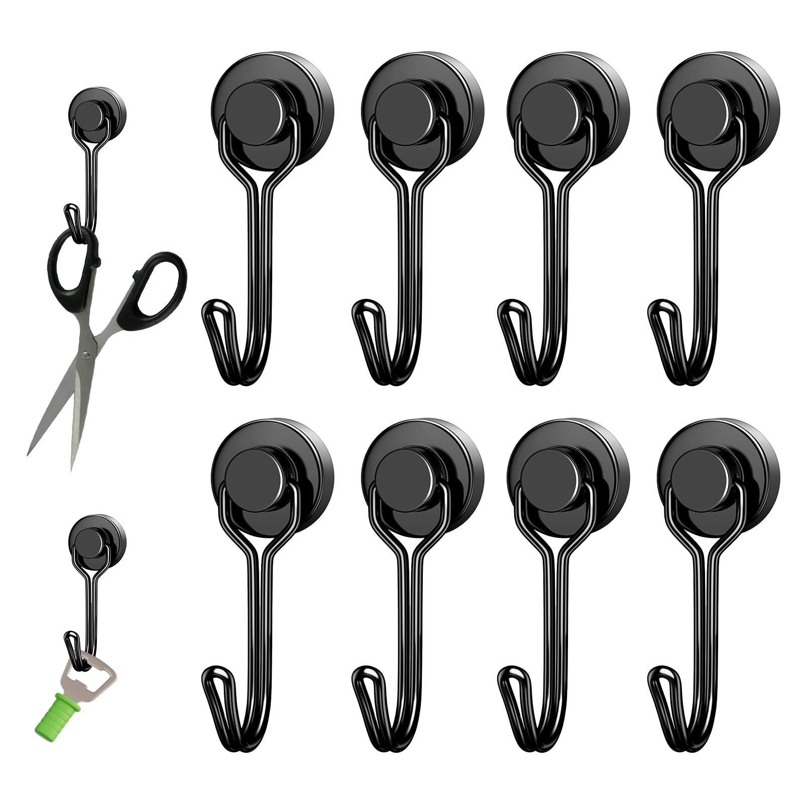 Daryunk 8Pcs Black Magnetic Hooks, with Hooks, 16MM Strong Magnetic Hook for Kitchens, Fridge, Door, Locker, Garages and Camping