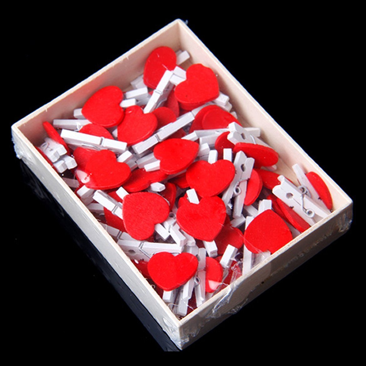 Beyond Border 50 Pcs Cute Mini Red Heart Accent White Wooden Peg Photo Paper Spring Clothespins Craft Memo Clips Red & White