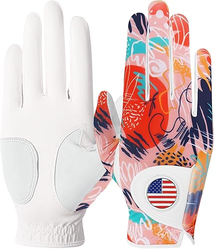 FINGER TEN Guantes de golf para mujer, diestros, mano izquierda, con marcador de bola, bandera de Estados Unidos, transpirable, suave, agarre para
