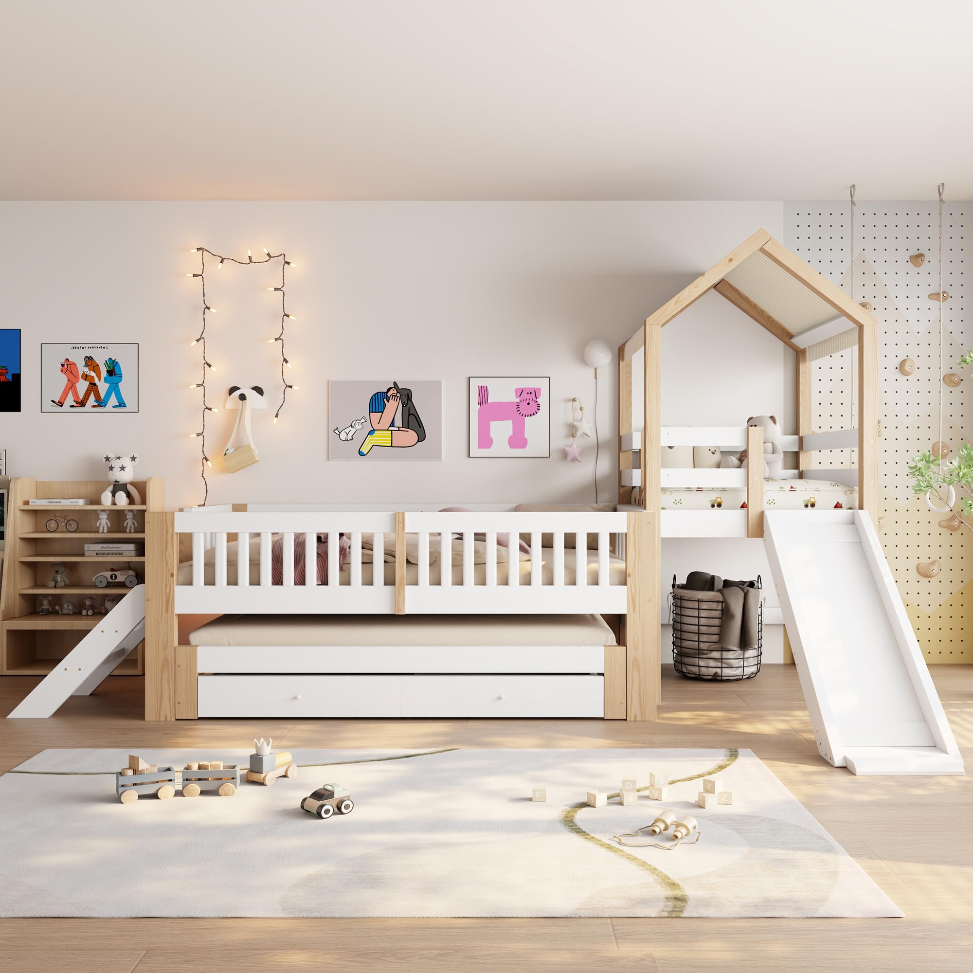 Haus-Kinderbett 90 * 200, Rutsche, Ausziehbett 90 * 190, seitliche Treppe, Schubladen, Massivholzrahmen, Stoffdach, Weiß + Rohholzfarben, Weiß+Natur(ohne Matratze)