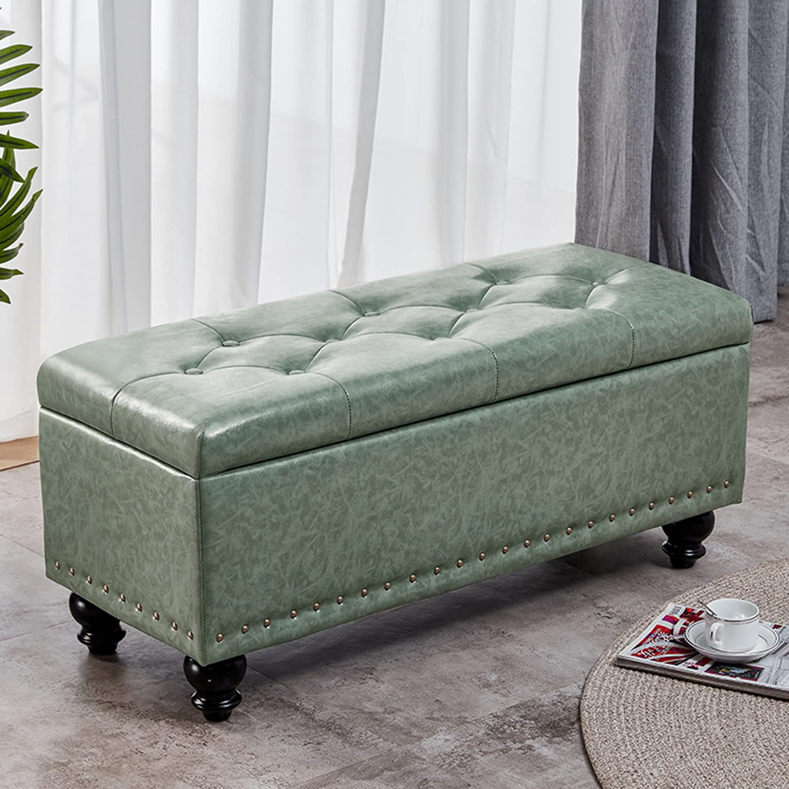 Tabouret de rangement vert 80x40x43 cm en cuir capitonné pour salon