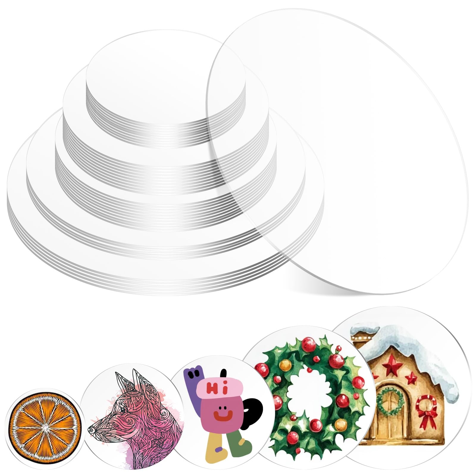 Glarks 50pcs 50/65/70/88/100mm Blank Clear Acrylic Circle Disc Set, Round Acrylic Blanks Bulk, Circle Disc Ornament, Round Blanks Discs for Paintings, Art Craft
