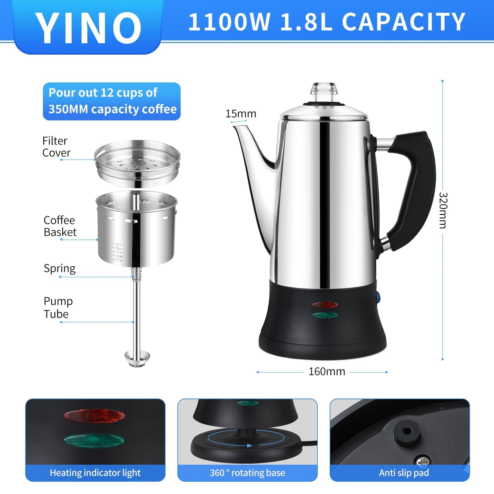 Machine à Expresso De Cuisinière En Acier Inoxydable, Pot Moka électrique, Percolateur à Café électrique 12 Tasses, 1,8 L Cafetière Pour Cuisinière, Cafétéria à Expresso (1.8L)