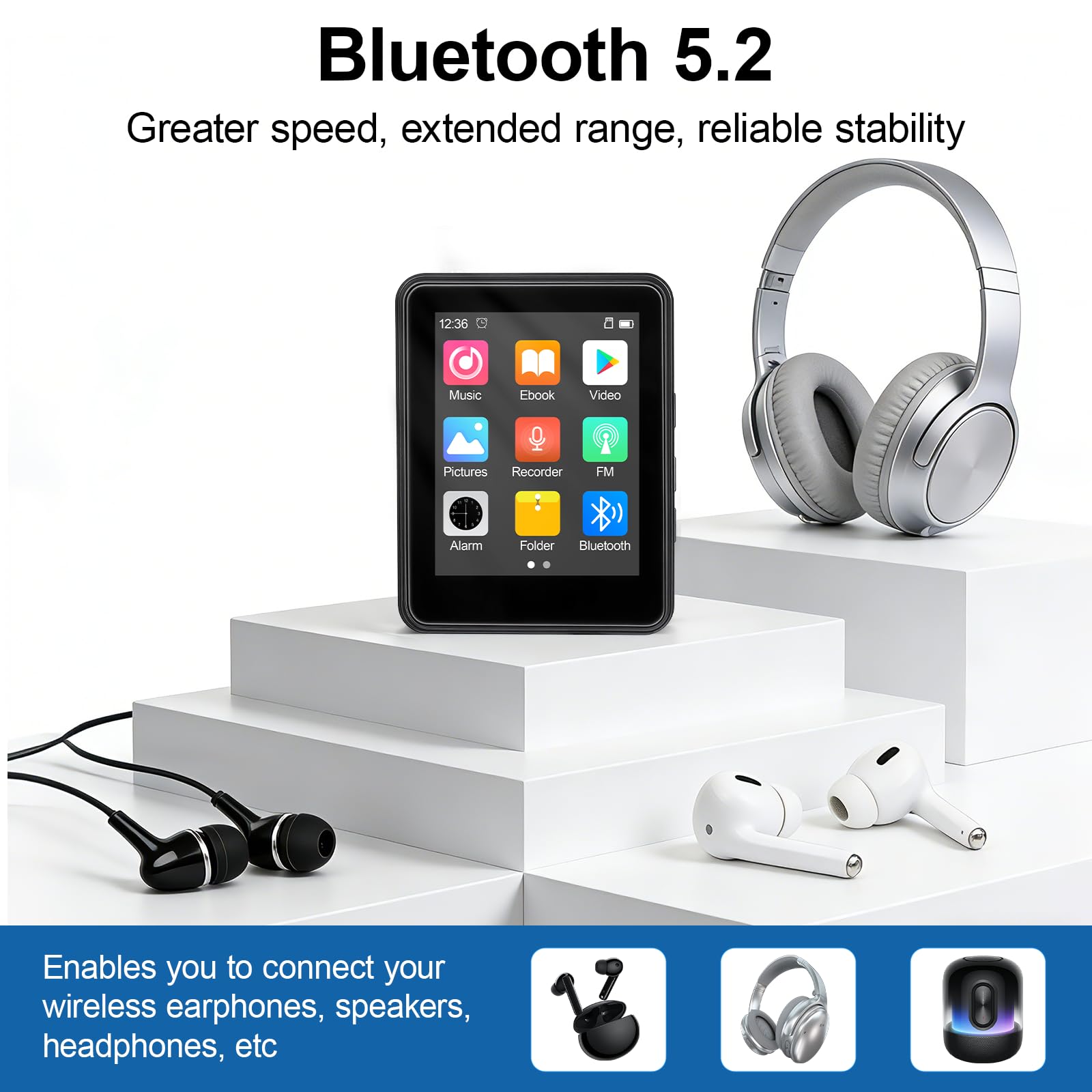 64GB MP3 Player Bluetooth 5.2 - MP3-Player 2.4" Full Touchscreen Tragbarer MP3 Player mit Lautsprecher HiFi-Klang eingebauter Aufnahme FM-Radio, Kann auf 128 GB erweitert Werden kindergerecht