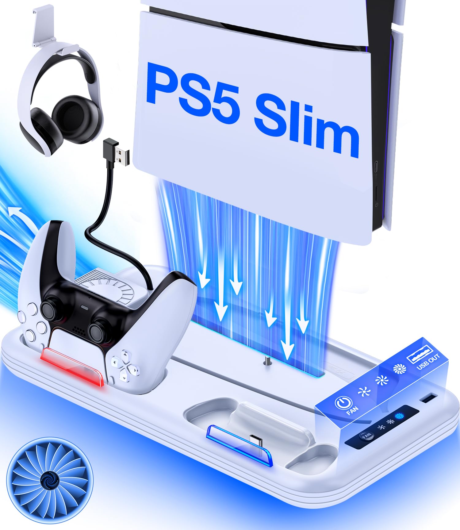 PS5 Slim Stand Cooling Station Compatible with Playstation 5 Slim Console, PS5 Slim Accessories Vertical Stand Incl. Dual Controller Charger, 3 Levels Cooling Fan,RGB Light,Headset Holder,14 Game Slot
