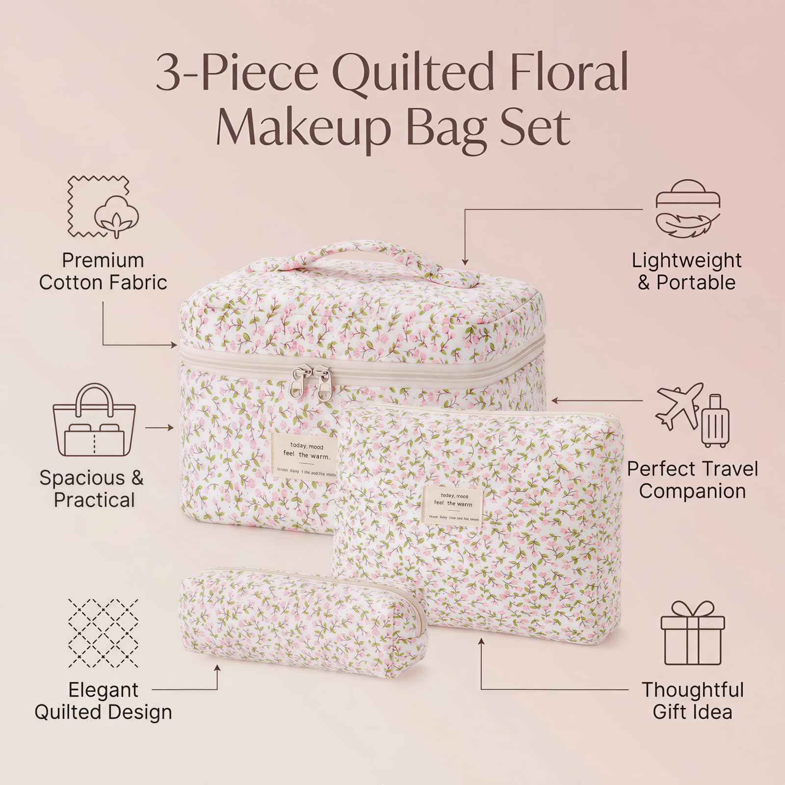 3er Set Kosmetiktasche, kulturtasche Damen mit Blumenmuster, Gesteppte kulturbeutel Make Up Tasche Reise, Tragbare Schminktasche Makeup Bag für Mädchen Frauen, Organizer Waschtasche - 5