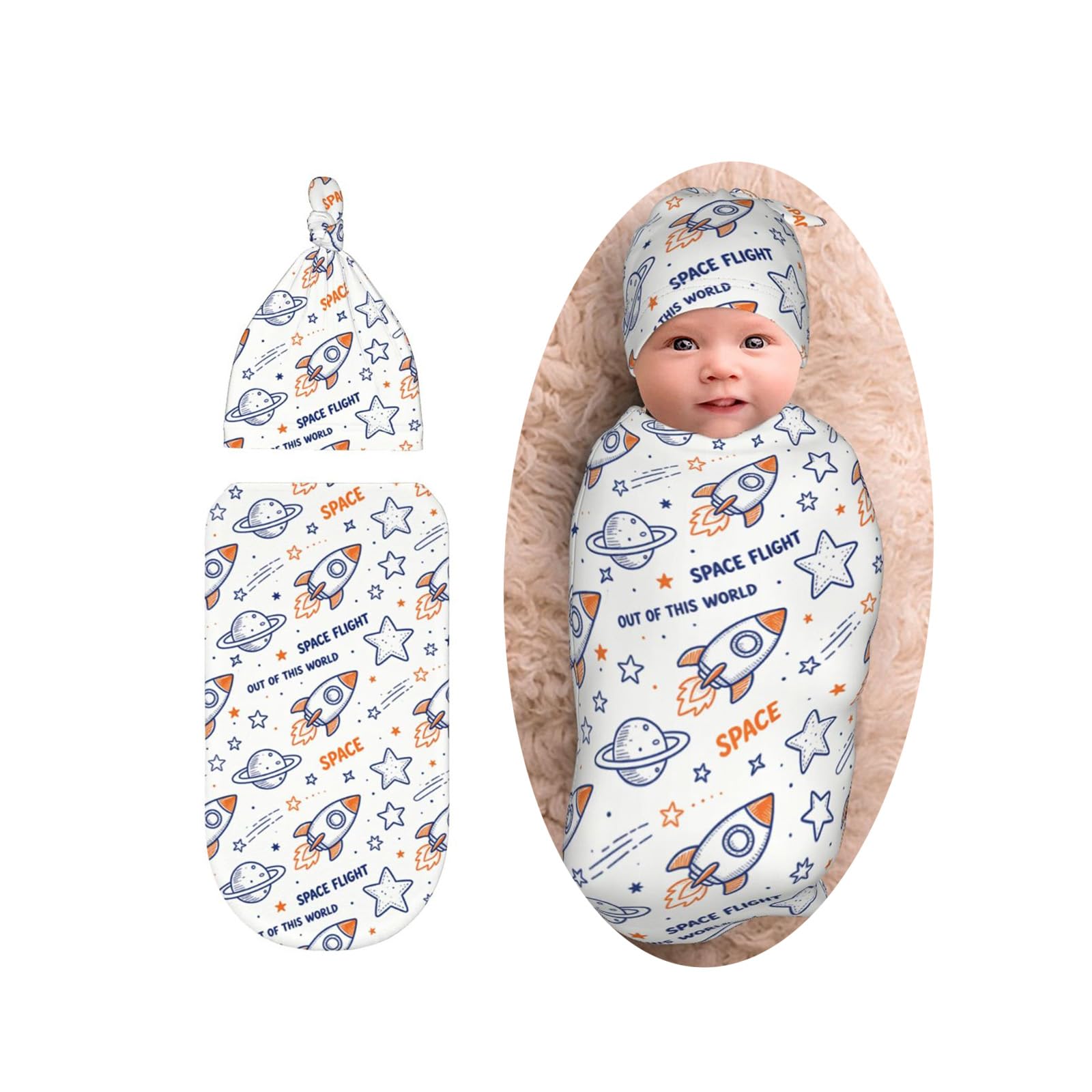 Space Swaddle Blanket with Beanie Set, Soft and Stretchy Cartoon Rocket Receiving Blanket for Boy and Girl