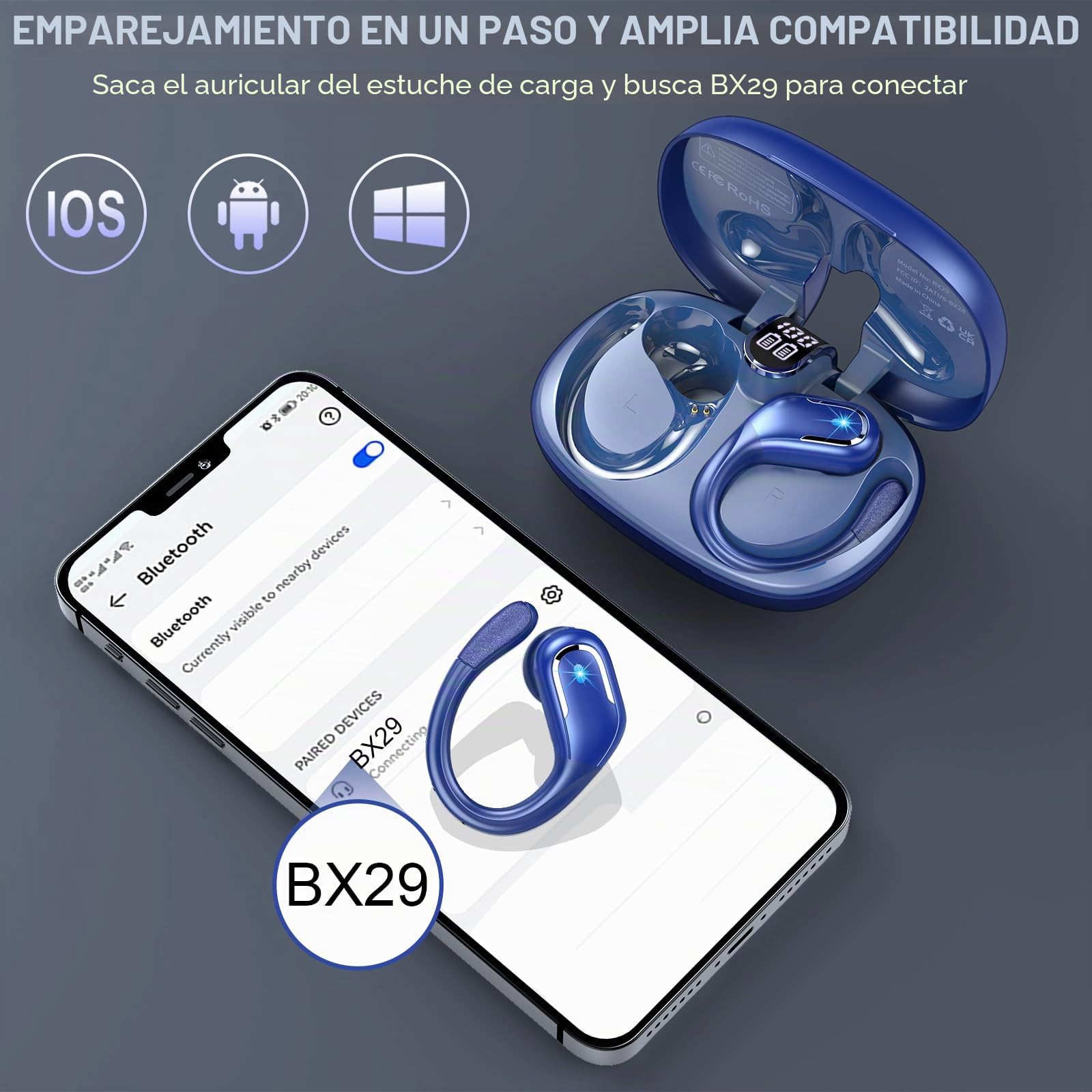 Auriculares Inalambricos Deportivos, 75H Auriculares Bluetooth 5.3 con HD Cancelación Ruido ENC Mic, Cascos Inalámbricos Bluetooth HiFi Estéreo, Audifonos Inalambricos IP7 Impermeable, Tipo-C, Azul