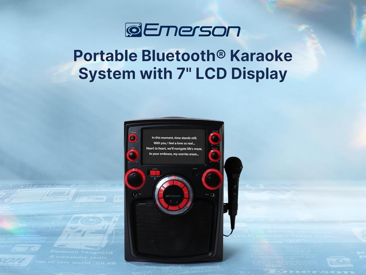 Emerson EK-6002 Portable Bluetooth Karaoke Machine with Wired Microphone, Built-in Speaker, LED Lighting, and Rechargeable Battery – Perfect for Parties, Singing, and Family Fun