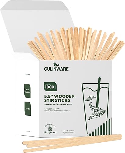 CulinWare Agitadores de café y bebidas de madera de abedul ecológicos, ideales para tu rincón de café. (1000, 5.5 pulgadas)