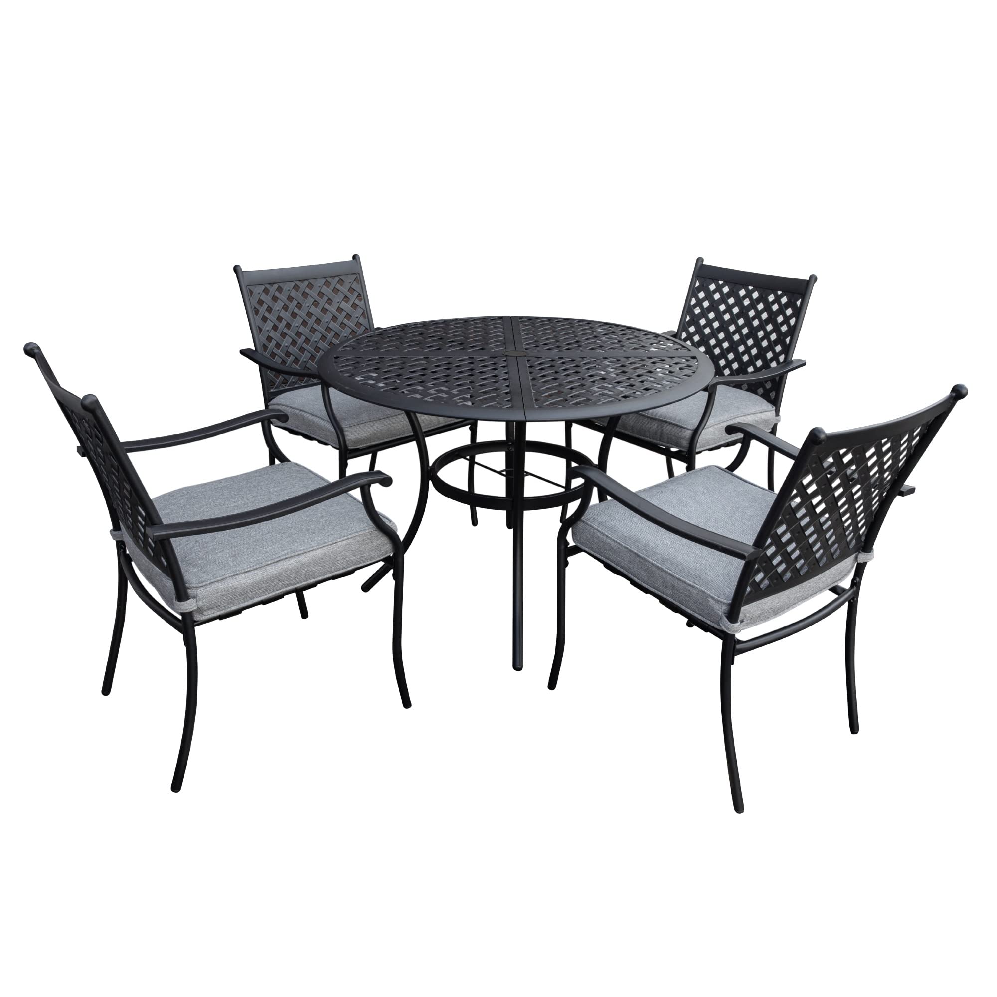 Juego de comedor de patio al aire libre de 5 piezas, mesa redonda de 42 pulgadas con agujero para sombrilla y 4 sillas con reposabrazos con cojines, acero resistente a la intemperie