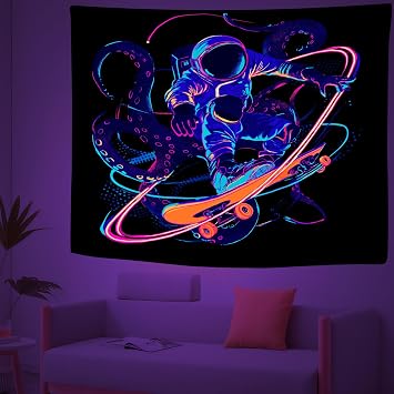 Astronaut Blacklight Tapestry, Skateboard Tapestries UV Reactive, Octopus Tentacles Tapestry Glow in the Dark, Neon Wall Hanging for Bedroom Dorm Living Room Decor 80x60 Inches