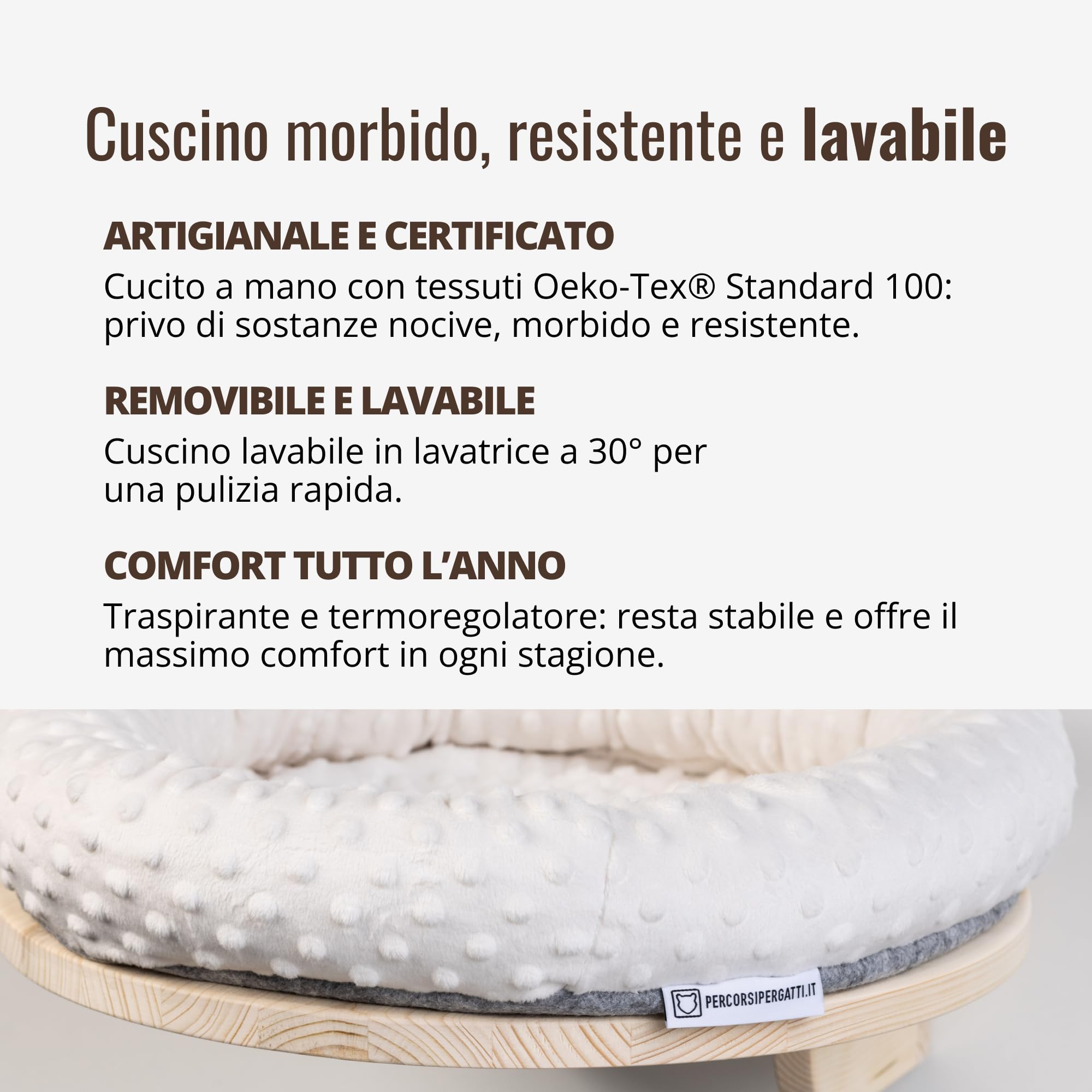 Cuccia per Gatti Tonda da Parete in Legno d’Abete PEFC Artigianale, con Cuscino Beige Lavabile, Mensola per Gatti Super Robusta per Dormire, Gioco e Relax, Fino a 20 kg – Percorsopergatti