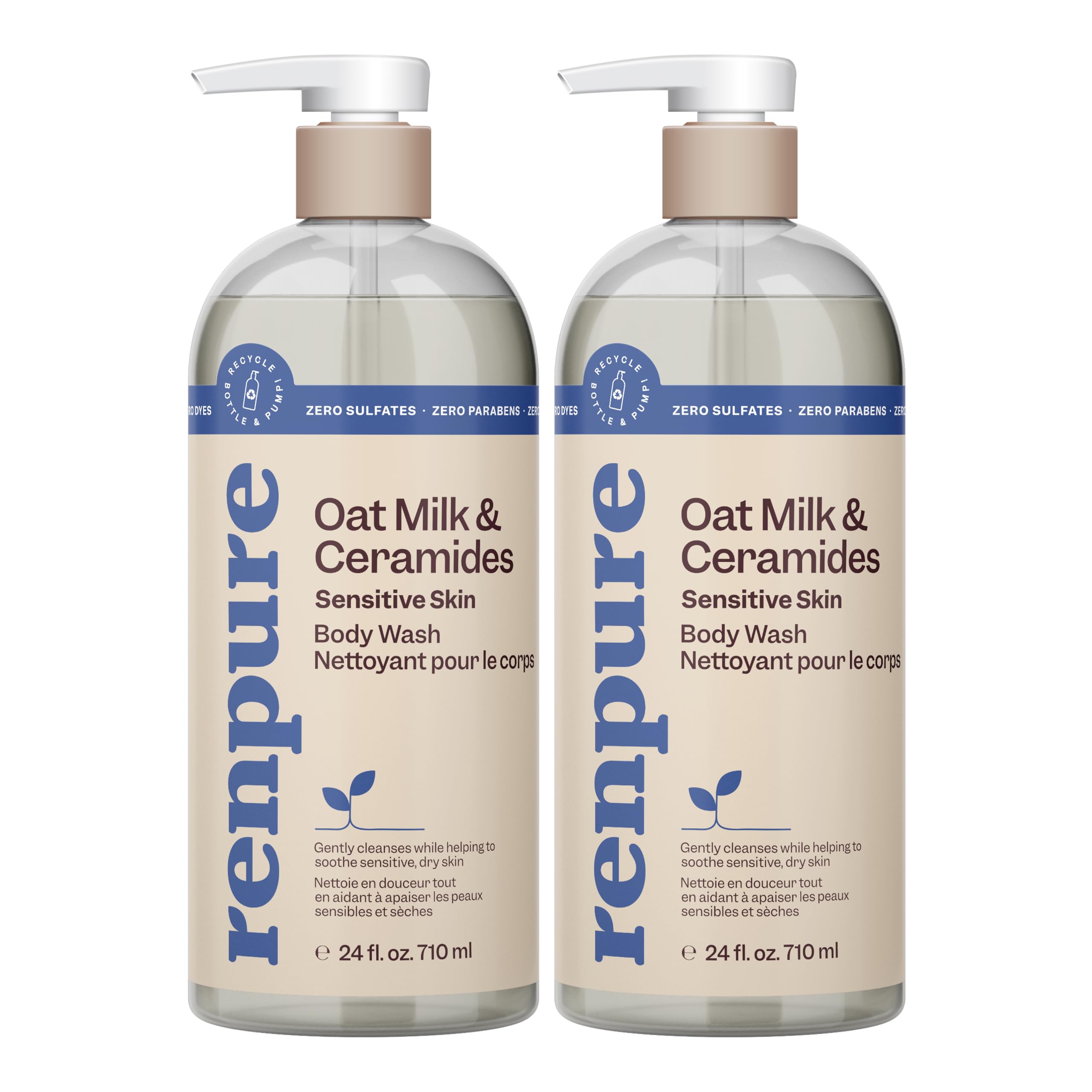 Renpure Oat Milk & Ceramides Body Wash - For Gentle Cleansing & Hydration - For Sensitive Skin - Oat Milk & Ceramides - 24 Fl Oz each, 2 Pack
