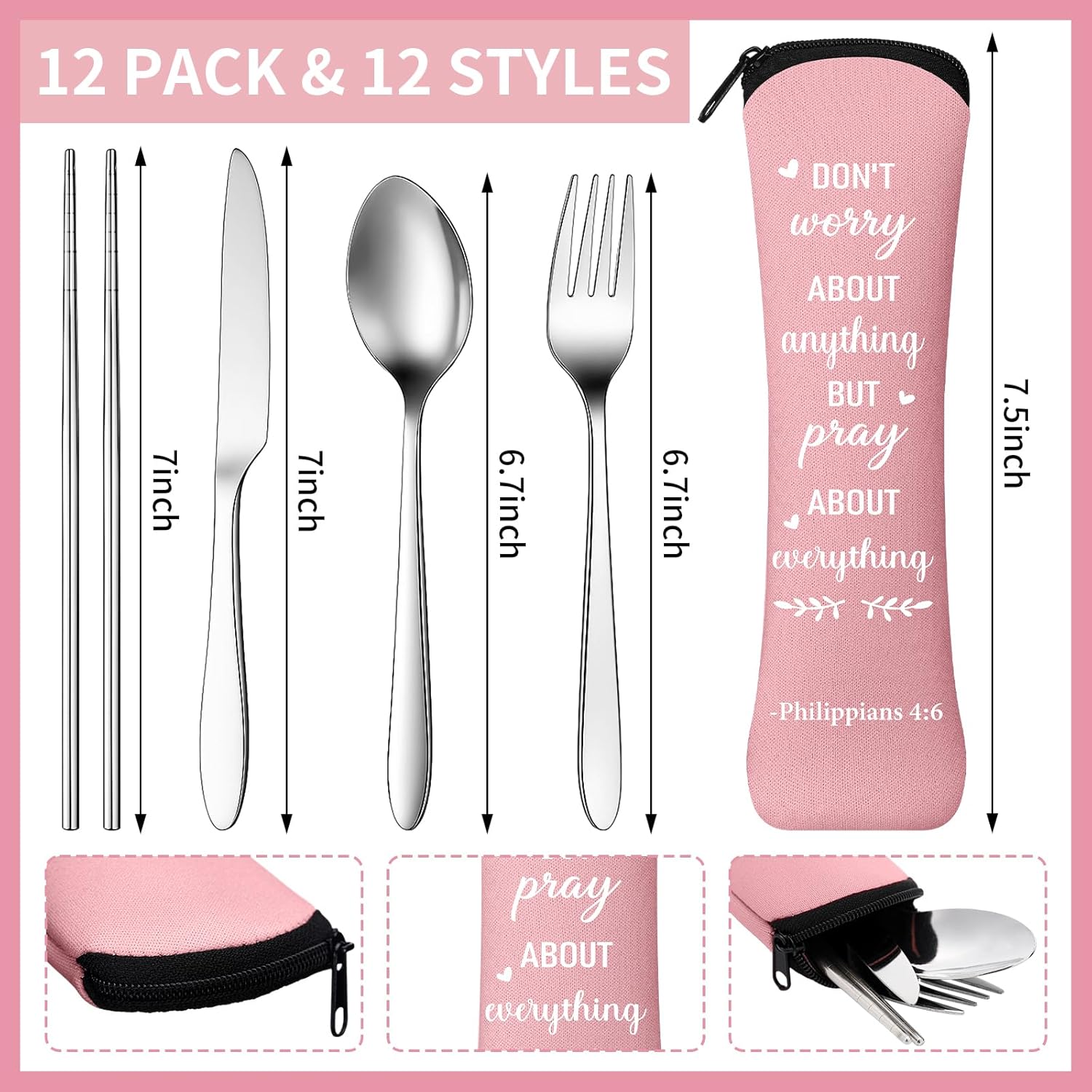 Hushee 12 Set Christian Gifts Christian Portable Travel Cutlery Set Inspirational Religious Mothers Day Gifts Bulk for Women Church Bible Verse Presents Reusable Flatware Sets(Cute,Pastel)