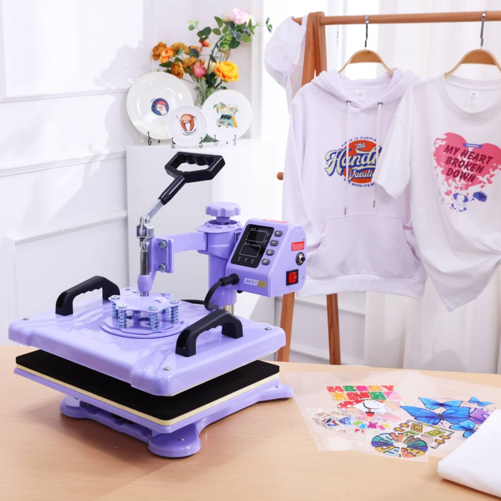 Transferpresse 38x30cm, 5-in-1- Professionelle Multifunktionale Heißpresse it Aufsatz für Becher, 360° schwenkbare, Sublimationsmaschine DIY für T-Shirts, Mützen, Becher, Tassen und Teller