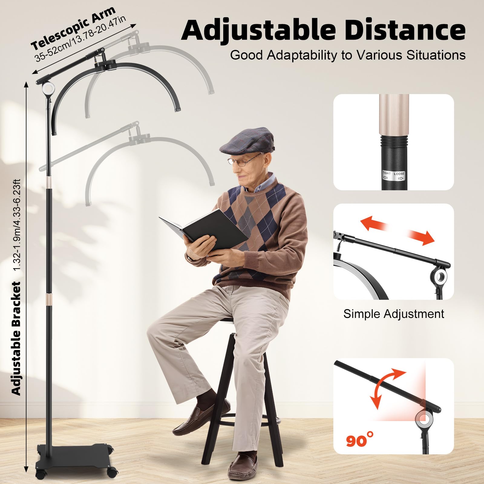 Lampa kosmetyczna z półksiężycem, lampa kosmetyczna LED ze stojakiem na telefon i kółkami, regulacja 350°, dwie opcje sterowania, 3200 K-5600 K, oświetlenie do salonów, studia fotograficznego, stołów
