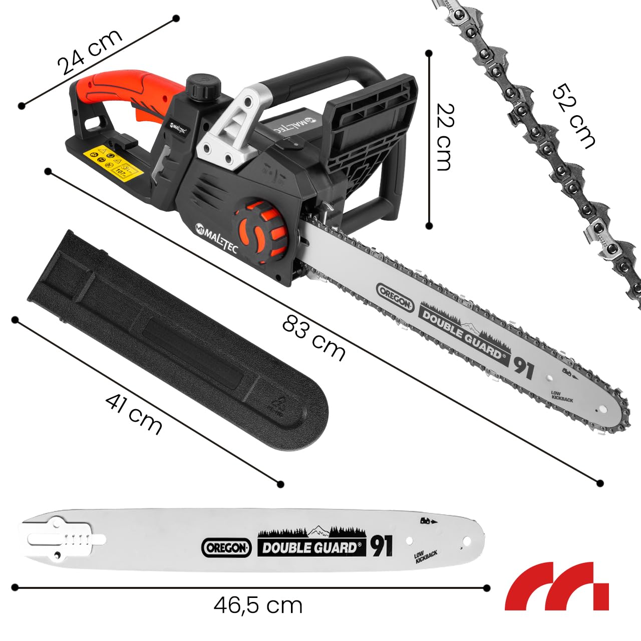 MalTec Elektryczna piła łańcuchowa, 3550 W, 40 cm, długość cięcia 230 V, automatyczne smarowanie łańcucha, piła do drewna, wytrzymały miecz, ostry łańcuch