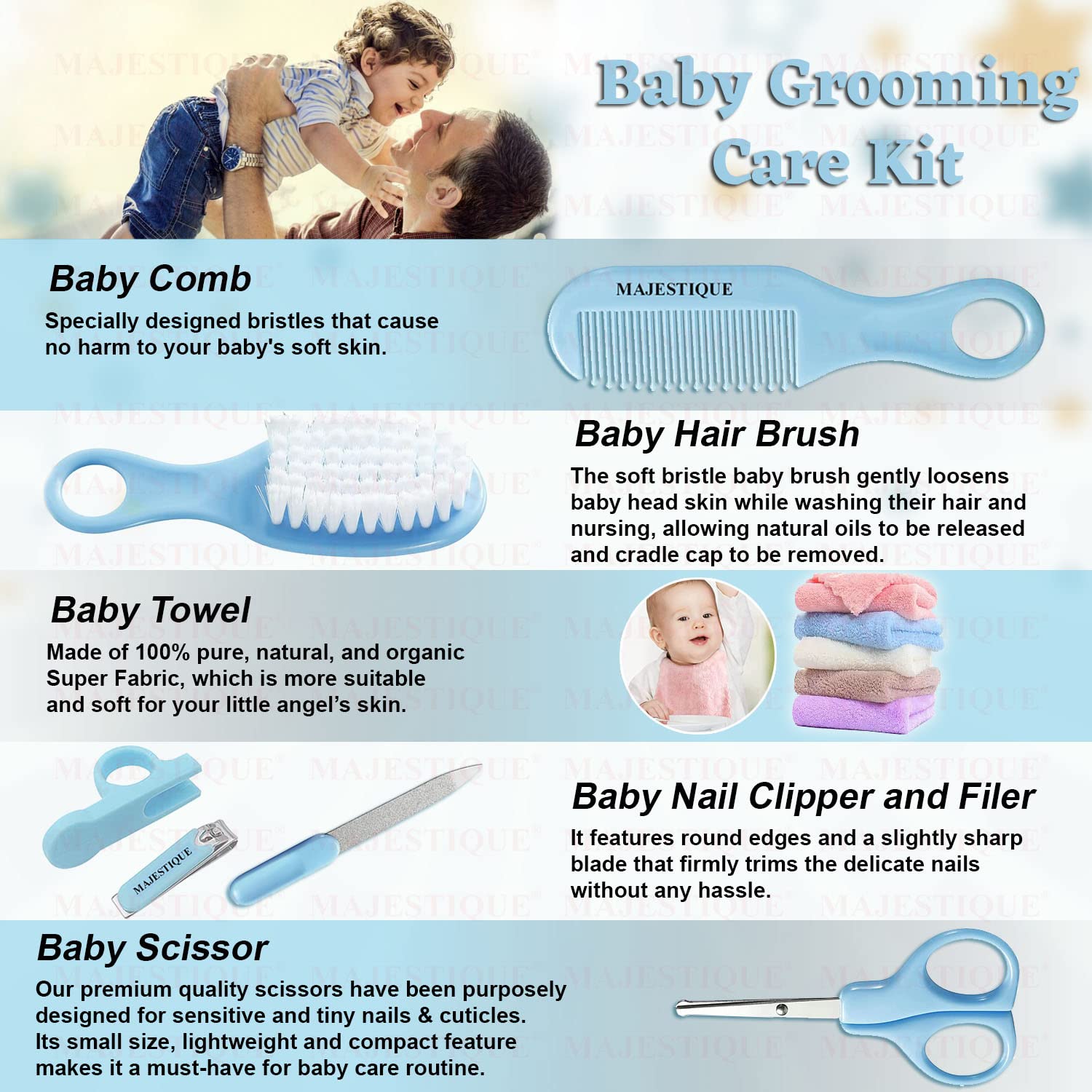 Majestique Baby Grooming Set, Baby Hair Brush, Comb, Nail Clipper, Nail File and Soft Baby Towel, Baby Grooming Kit for New Born Baby, Toddlers Infant Girl Boys Keep Clean (7 in 1)