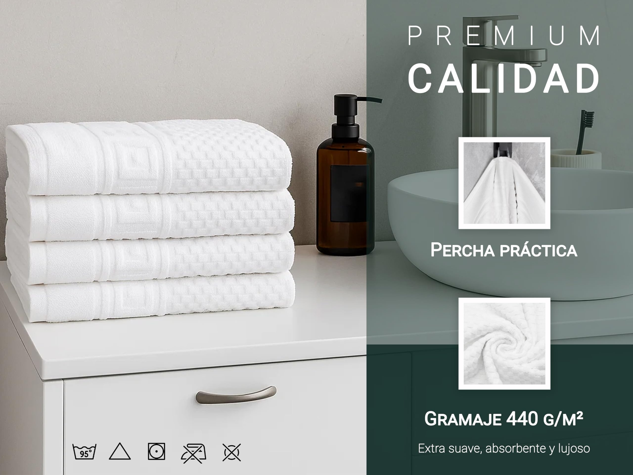 ZOLLNER Juego de 4 Toallas 50 x 100 cm - Suave y Absorbente, con diseño de gofre en Color Blanco - con Gancho - Lavable hasta 95 °C - algodón - Calidad hotelera - Certificado Oeko Tex®