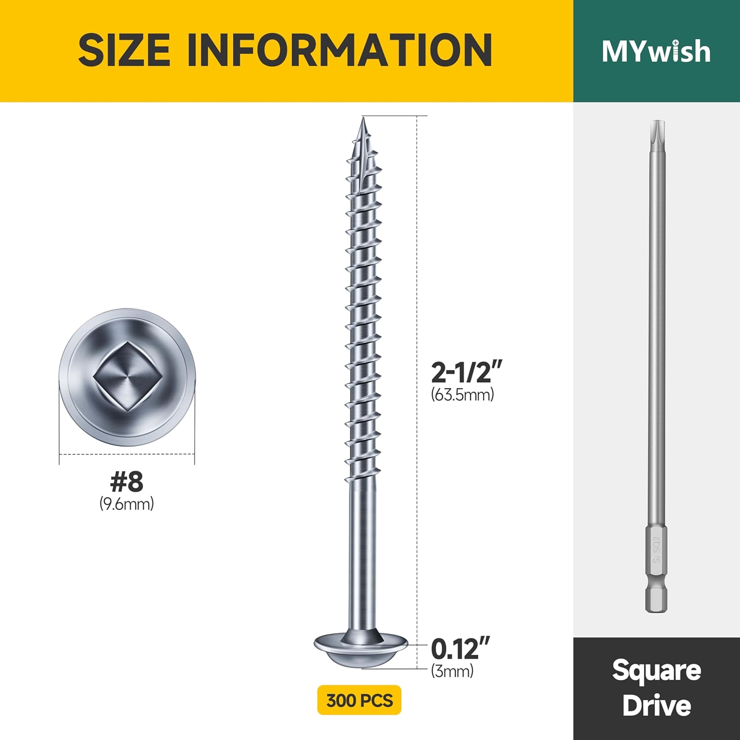 Mywish 300Pcs Pocket Hole Screws 2-1/2 Inch, Wood Screws #8 x 2-1/2" Washer Head Square Drive Self Tapping Pocket Screws, Zinc Plated, with 150MM Pocket Hole Drill Bit