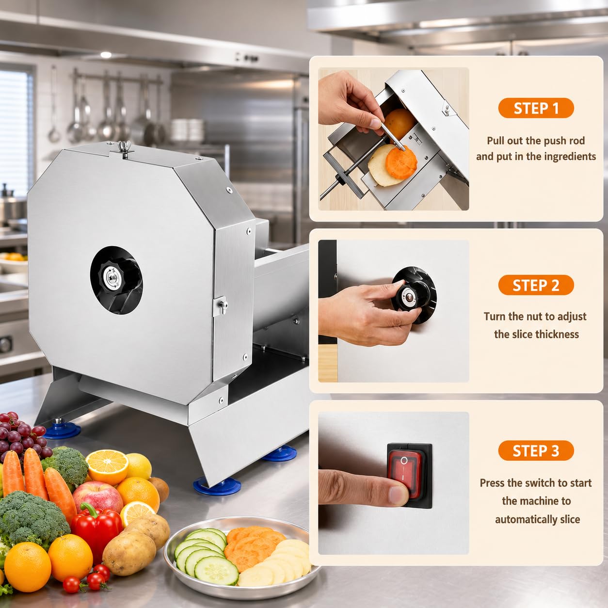 Kommerzieller elektrischer Gemüseschneider, 0–10 mm verstellbar, 75 kg/h | Edelstahlschneider mit abnehmbaren Komponenten zum Schneiden von Tomaten, Zwiebeln, Kartoffeln, Kohl und anderem Gemüse.