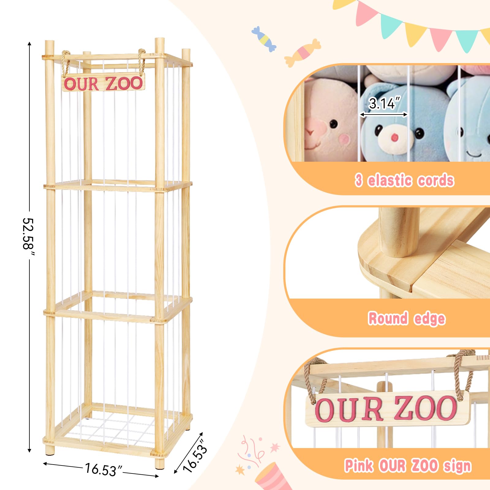 EULXSUD Stuffed Animal Zoo Storage - Tall Natural Pine Wood Toy Organizer with Elastic Cords & Shelf, Space-Saving Plushie Playhouse for Nursery, Playroom, Kids Bedroom - Easy Assembly