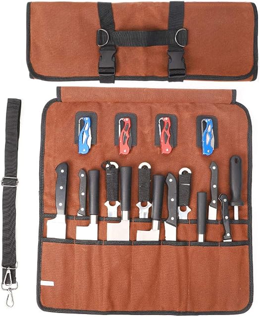 Knife Bag, Knife Roll with 18 Slots, Chef Knife Roll Bag with Handle and Shoulder Strap, Large Durable Waxed Canvas Chef Knife Bag, Camping knife Case for Hiking, BBQ.