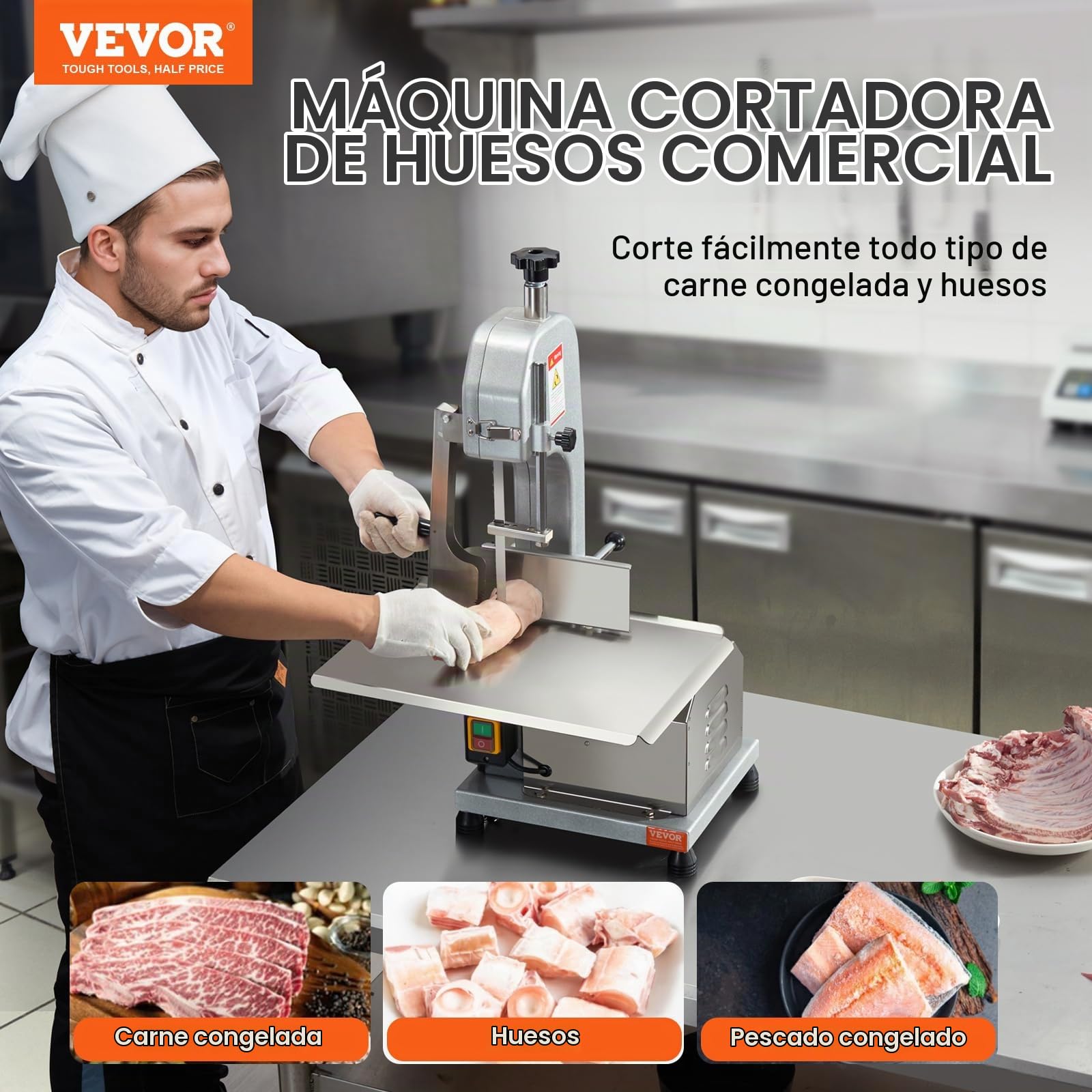 VEVOR Sierra de Cinta Eléctrica Comercial para Carne y Huesos de Acero Inoxidable de 650 W para Encimera, Grosor Máximo de Corte de 110 mm, para Costillas de Cerdo y Res, 415 x 483 x 750 mm, Plata