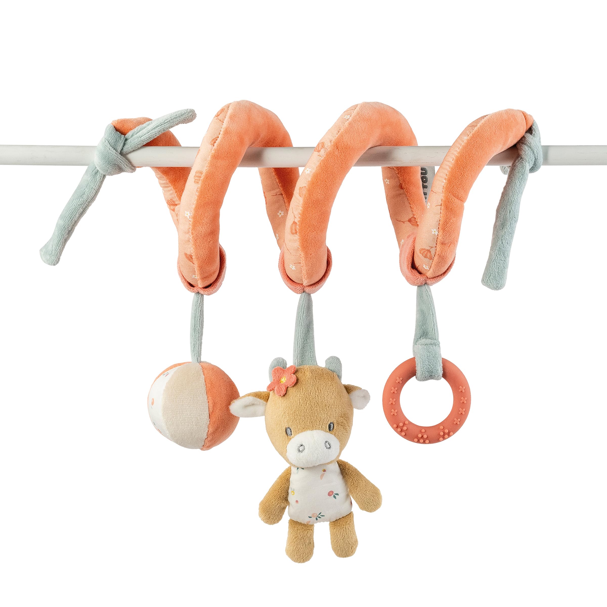 Nattou Juguete Colgante de Terciopelo, Vaca Mila, Con Sonajero y Actividades, Aprox. 30 cm, Mila, Zoë y Lana, Multicolor