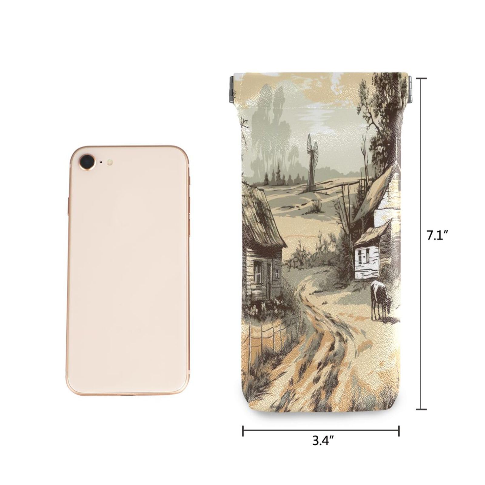 FLildon Rural Village Eyeglasses Pouch Squeeze Top Sunglasses Case Soft PU Leather Eyeglass Bag for Men Women