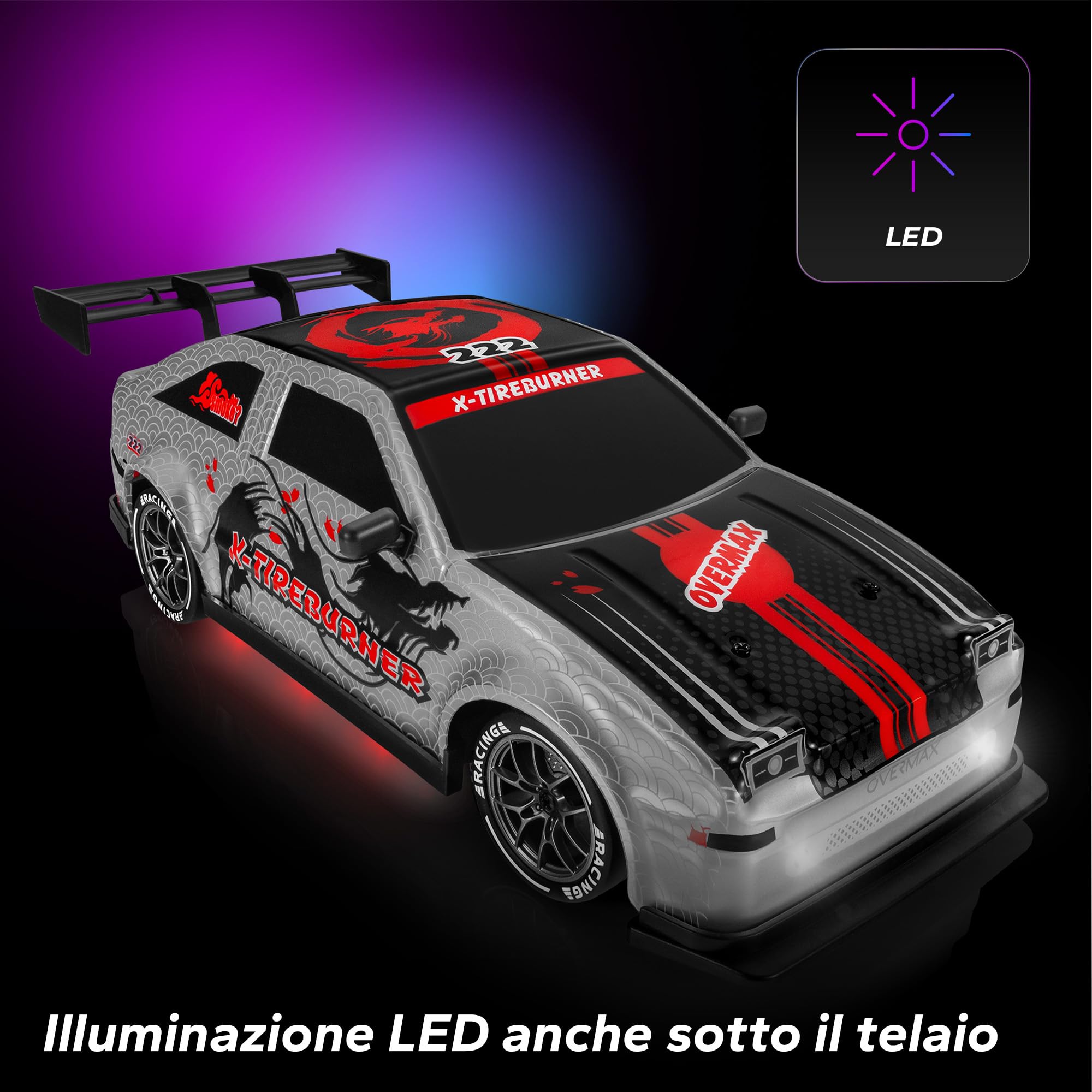 Overmax X-TIREBURNER Macchina Radiocomandata RC per Drift, Macchina Telecomandata per Bambini 8+, 1:16, 20 km/h Portata fino a 80 m, 4WD, 2 Batterie 500 mAh Set di Ruote e Ostacoli Scocca Accessoria