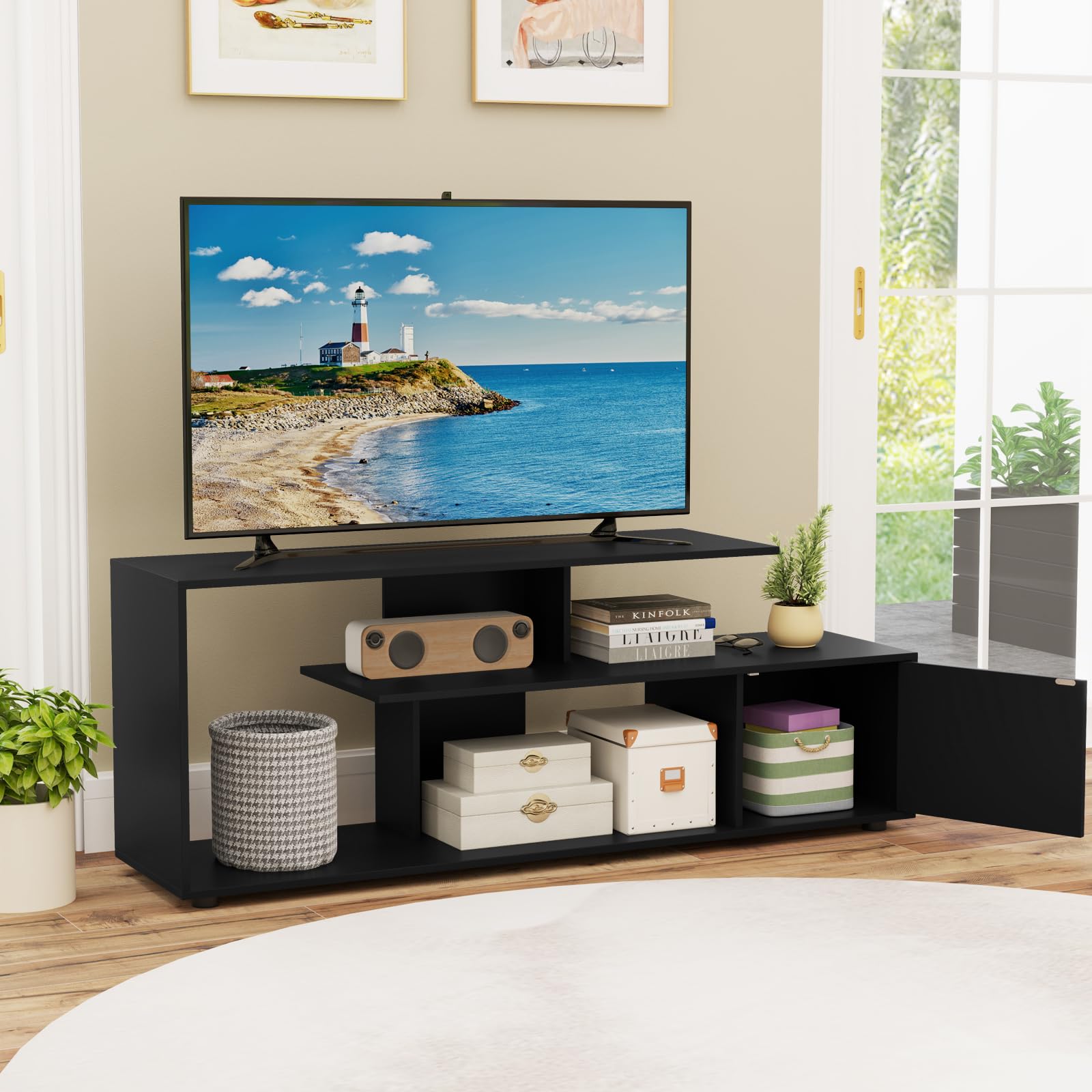 COSTWAY Mobile Porta TV, per TV Fino a 55'', Console Media a 3 Ripiani Asimmetrici con Ripiani di Stoccaggio e Armadietto, Mobile TV con Cassetto, 5 Gambe di Supporto (Nero)