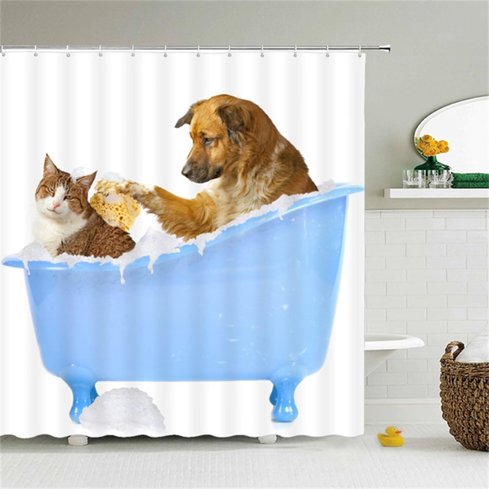 Cane Gatto Blu Tenda Doccia 300x200cm,Tenda per Doccia Antimuffa Impermeabile,Grande Lavabile Lusso Tende Esterno Poliestere con 12 Ganci,3D Shower Curtain per Famiglia Dormitorio Bagno