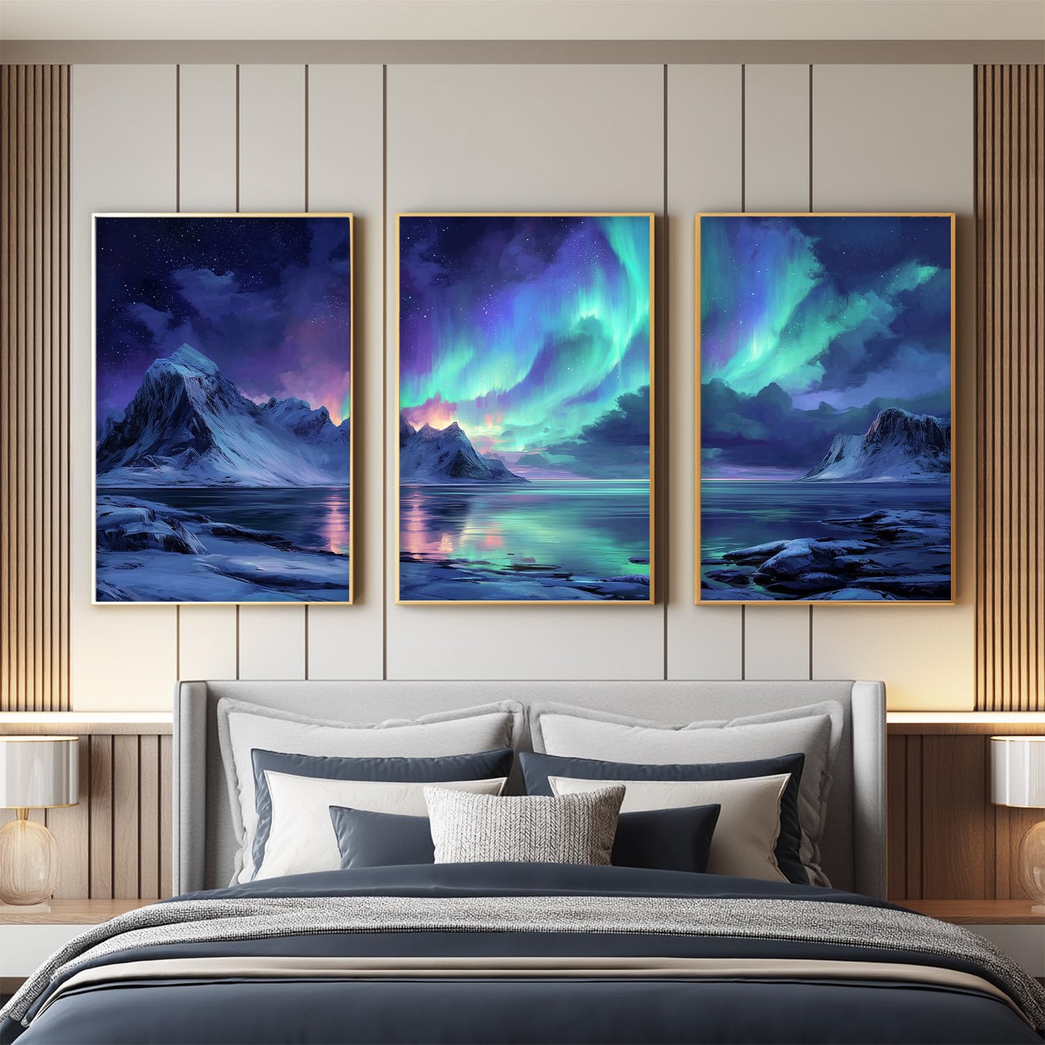 Juego de 3 Decoración De Pared Fantasía Paisaje, Impresión Sala Dormitorio, Posters Nórdico Aurora Gradiente Azul Pato Azul Cadena De Montaña Cielo Estrellado Sin Marco, Cuadro De Mural, 40 x 60