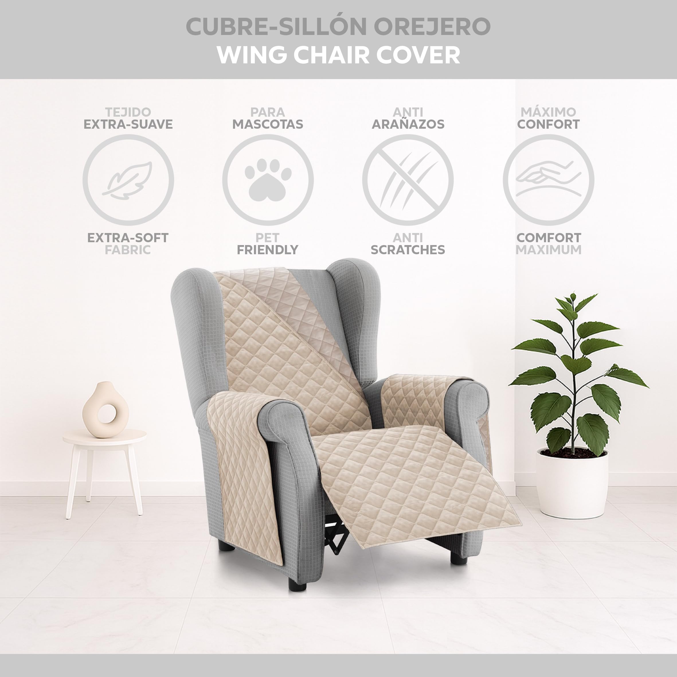 Textilhome Copridivano Malu 1 Posti con Braccioli – Copripoltrona Relax e Orecchioni Reversibile, Imbottito, Protezione Antigraffio per Divani, Colore Avorio