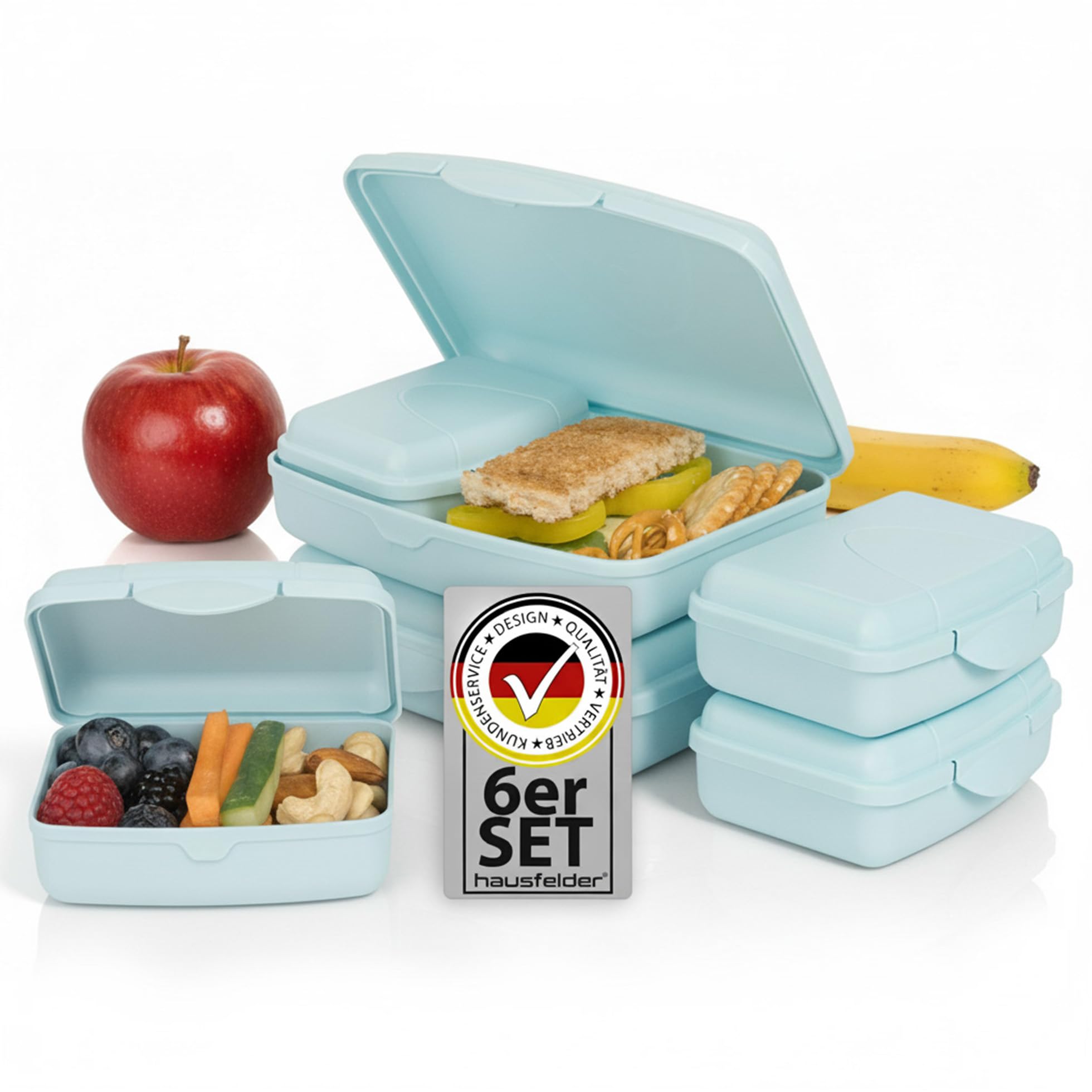 Hausfelder Brotdose flach mit Fächern – 6er Set Vesperbox Kinder Schule, Kleine Brotdosen schmal, Lunchbox mit Klickverschluss BPA-frei (2x groß 17x12x4, 4x klein 10x7x3,5 cm, LimeGreen)﻿