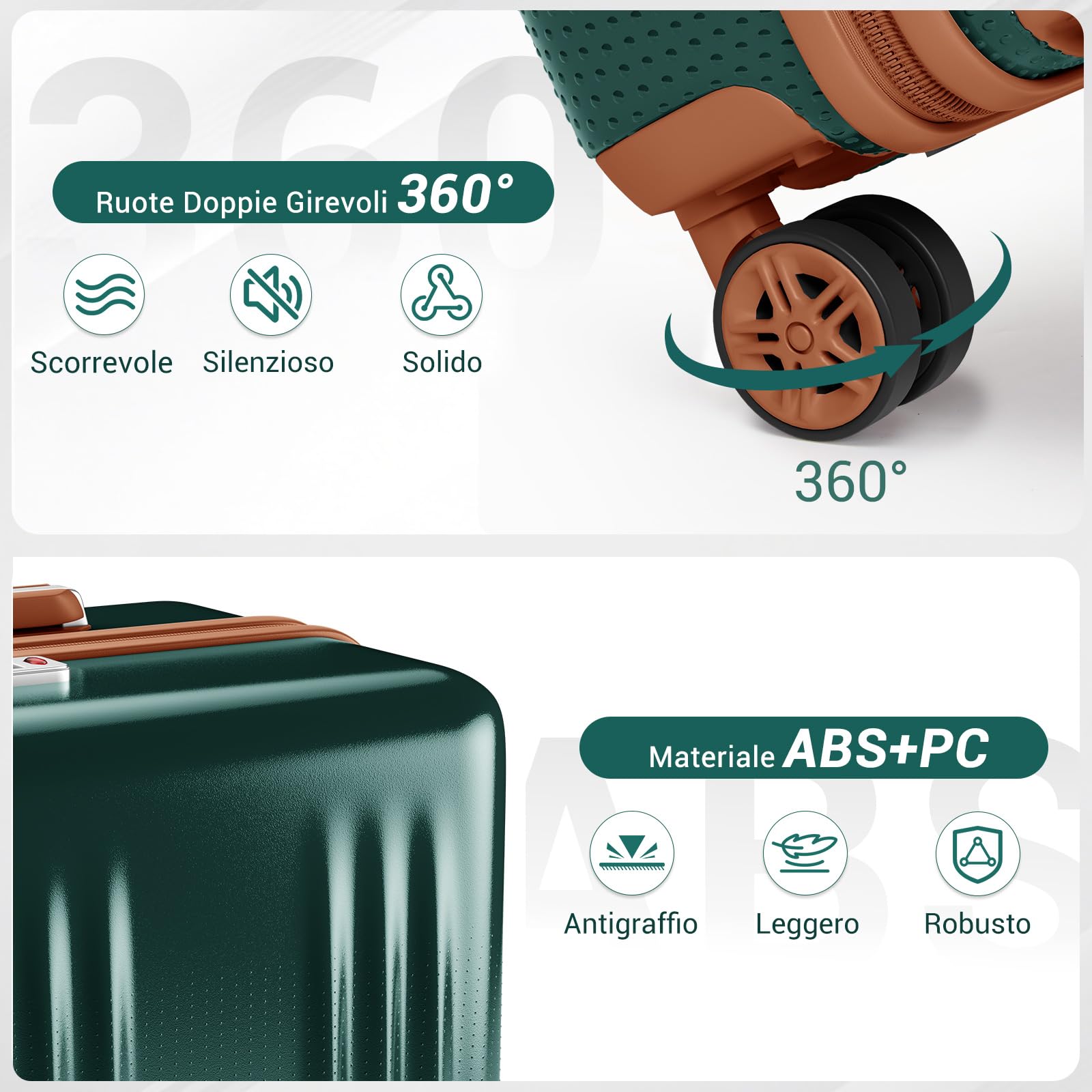 KONO Valigia Media Rigida in ABS+PC, Trolley Leggero con 4 Ruote Doppie 360° Silenziose, Serratura TSA, Effetto Sfumato (65 cm, Verde)