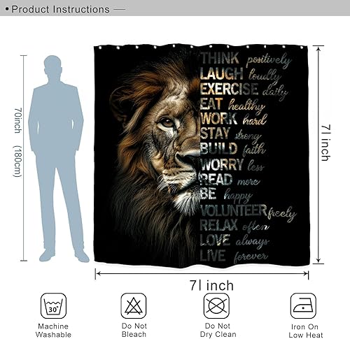 Miniatura 4 de Miyotaa Juego de cortina de ducha motivacional de León, 71 pulgadas de ancho x 71 pulgadas de alto, citas negras, inspirador positivo, vida