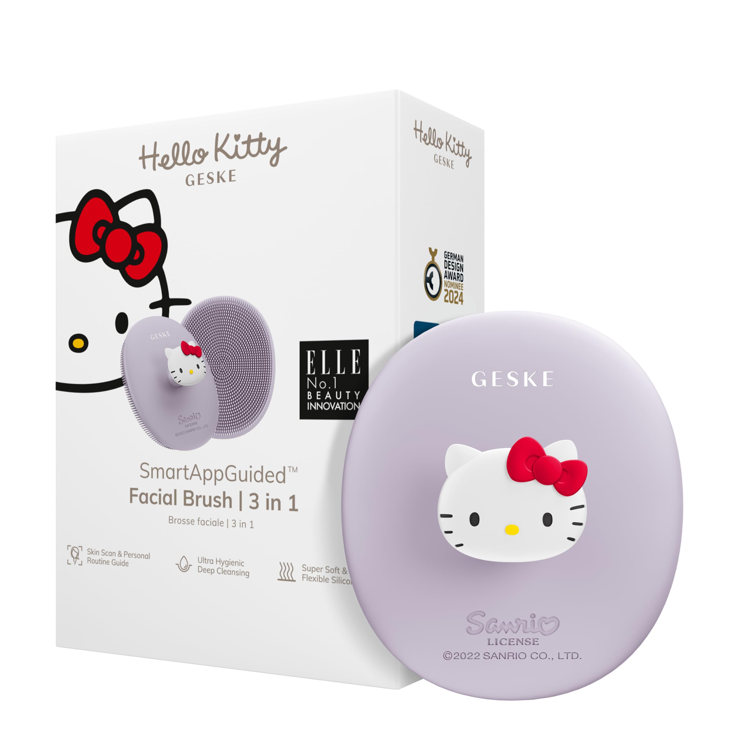 GESKE x Hello Kitty | SmartAppGuided 3-in-1 Professional Facial Brush | Soft Silicone With Handle | Gentle Cleansing for Routine Skincare