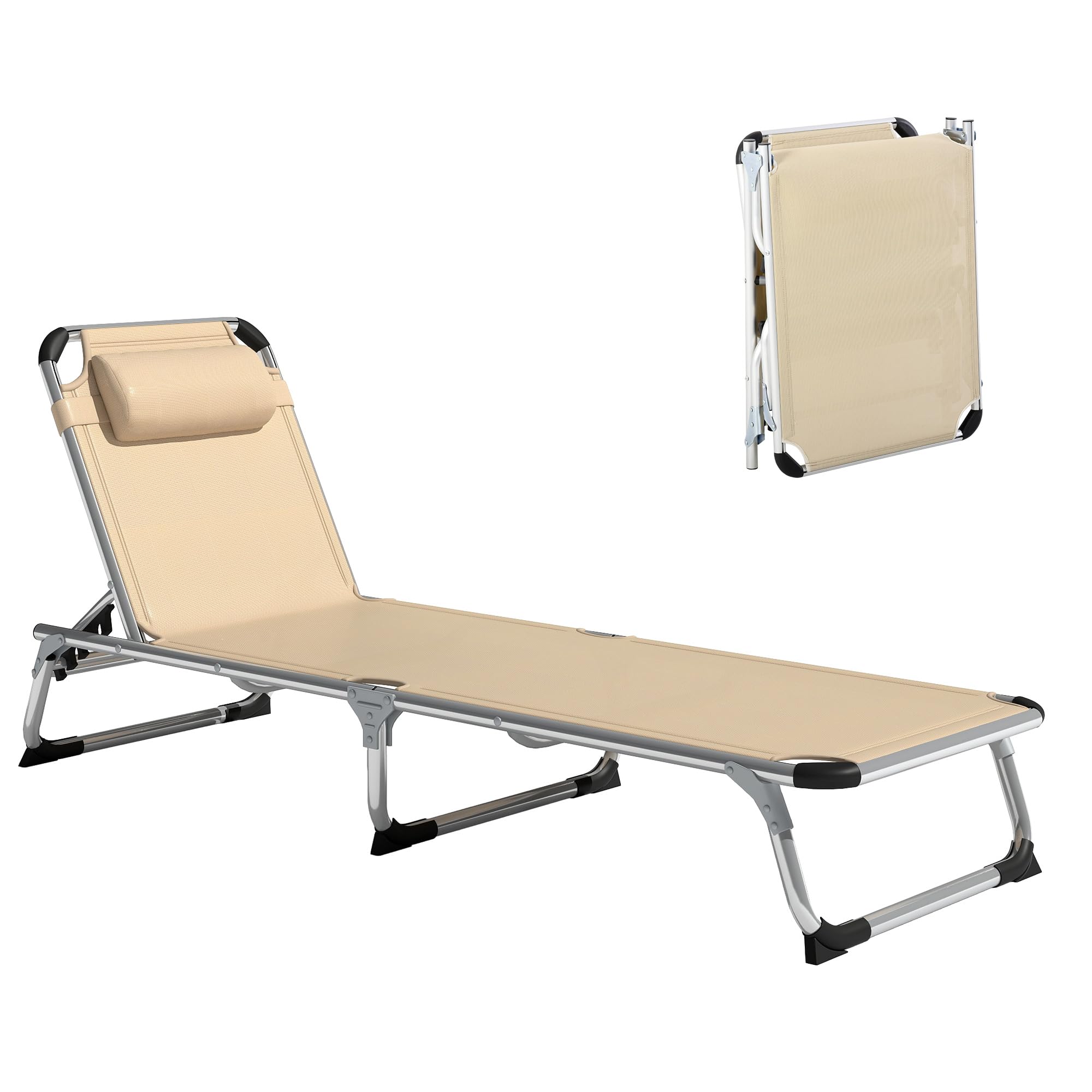 Outsunny Lettino Prendisole Pieghevole con Schienale Reclinabile su 4 Livelli, Sdraio da Giardino con Poggiatesta, in Alluminio e Texteline, per Spiaggia Piscina Giardino, 60x165x76 cm, Beige